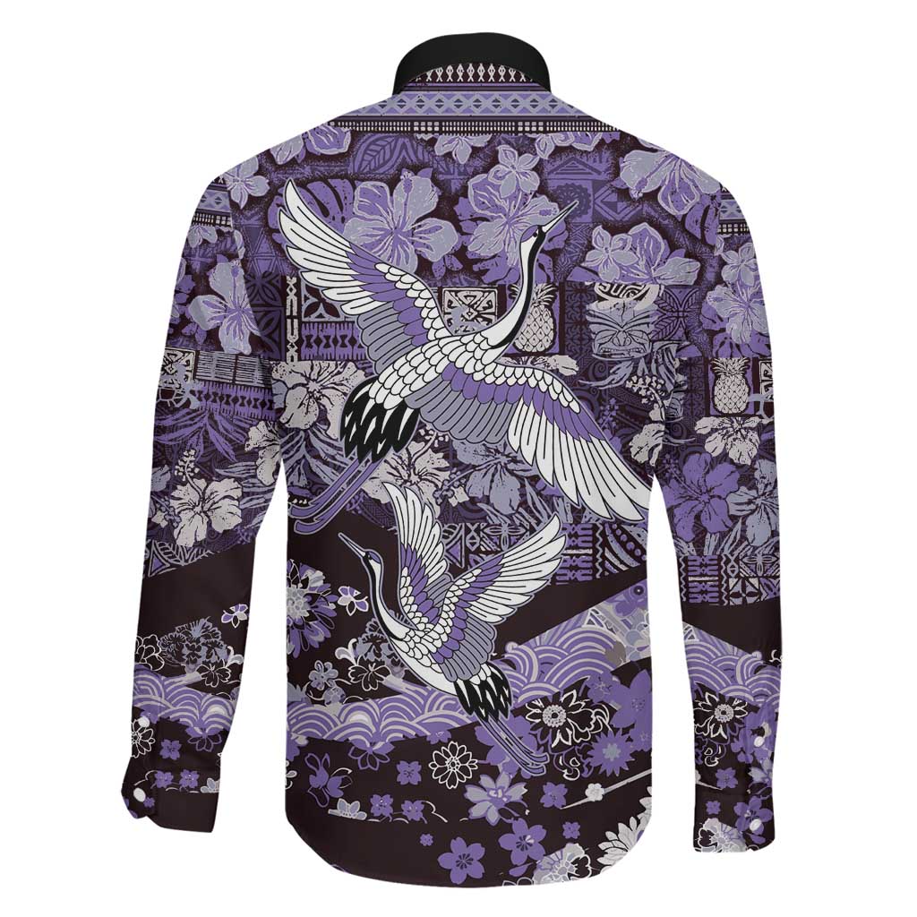 Japanese Hawaiian Crane Family Matching Off Shoulder Maxi Dress and Hawaiian Shirt Purple Tapa Patchwork Pattern LT9 - Polynesian Pride