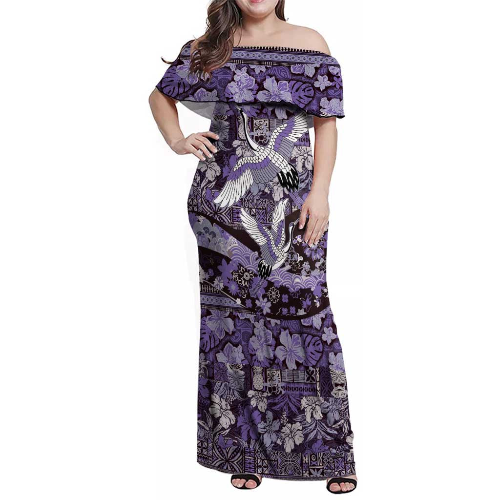 Japanese Hawaiian Crane Family Matching Off Shoulder Maxi Dress and Hawaiian Shirt Purple Tapa Patchwork Pattern LT9 Mom's Dress Purple - Polynesian Pride