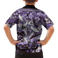 Japanese Hawaiian Crane Family Matching Off Shoulder Short Dress and Hawaiian Shirt Purple Tapa Patchwork Pattern LT9 - Polynesian Pride