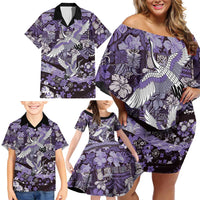 Japanese Hawaiian Crane Family Matching Off Shoulder Short Dress and Hawaiian Shirt Purple Tapa Patchwork Pattern LT9 - Polynesian Pride