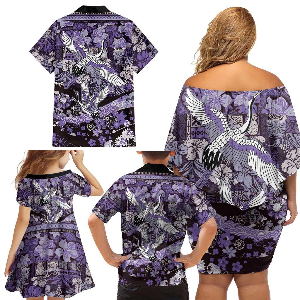 Japanese Hawaiian Crane Family Matching Off Shoulder Short Dress and Hawaiian Shirt Purple Tapa Patchwork Pattern LT9 - Polynesian Pride