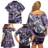 Japanese Hawaiian Crane Family Matching Off Shoulder Short Dress and Hawaiian Shirt Purple Tapa Patchwork Pattern LT9 - Polynesian Pride
