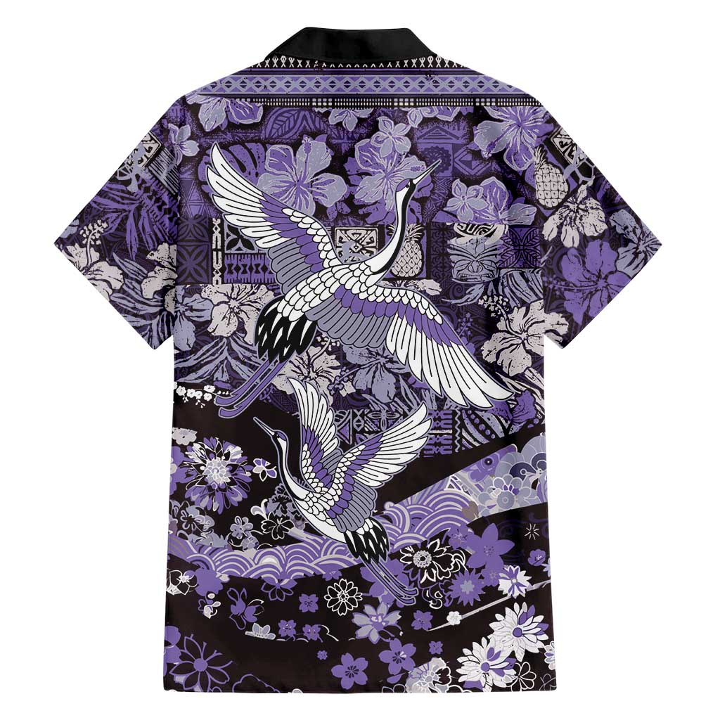 Japanese Hawaiian Crane Family Matching Off Shoulder Short Dress and Hawaiian Shirt Purple Tapa Patchwork Pattern LT9 - Polynesian Pride