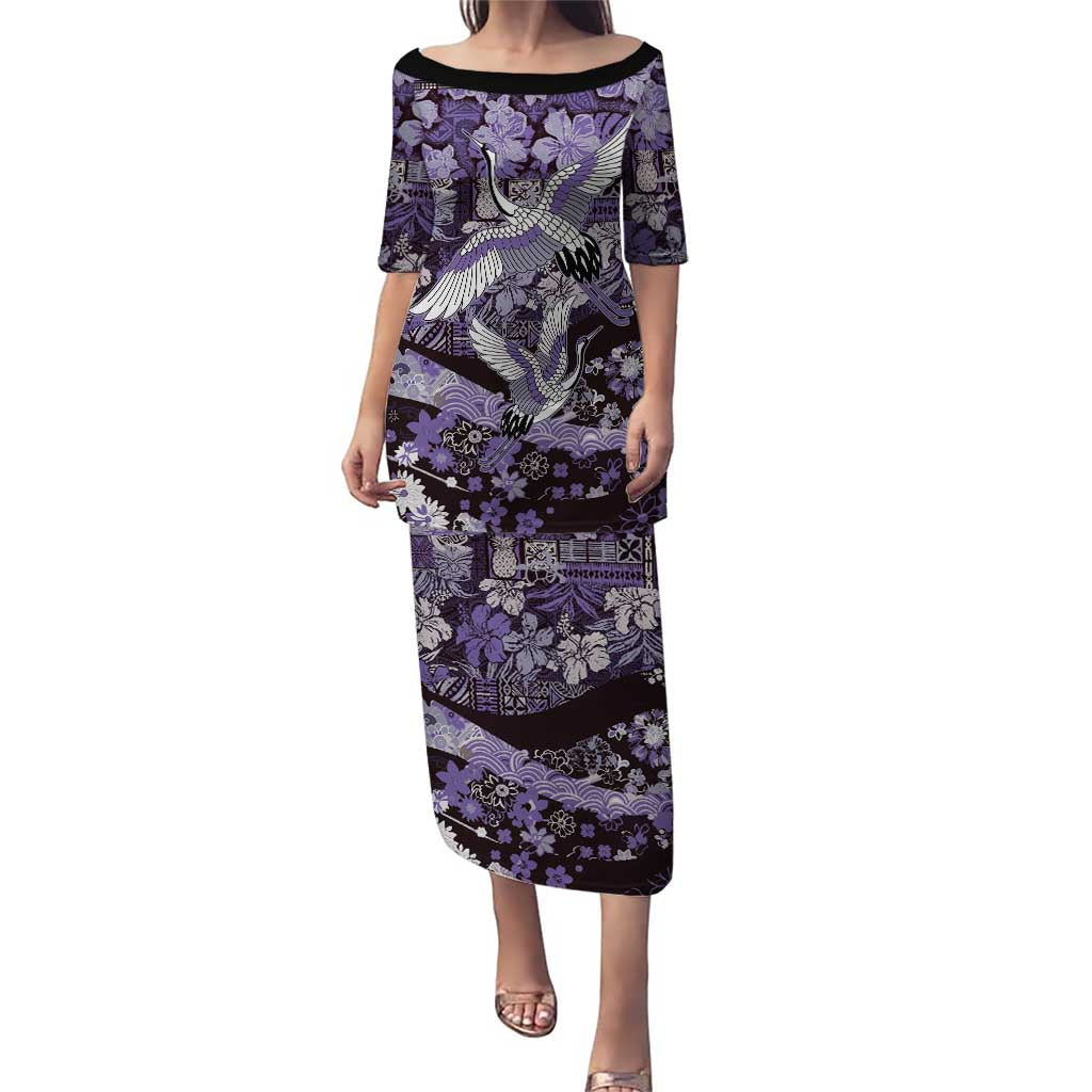 Japanese Hawaiian Crane Family Matching Puletasi and Hawaiian Shirt Purple Tapa Patchwork Pattern