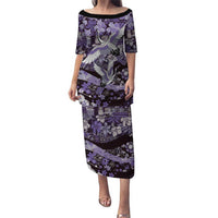 Japanese Hawaiian Crane Family Matching Puletasi and Hawaiian Shirt Purple Tapa Patchwork Pattern