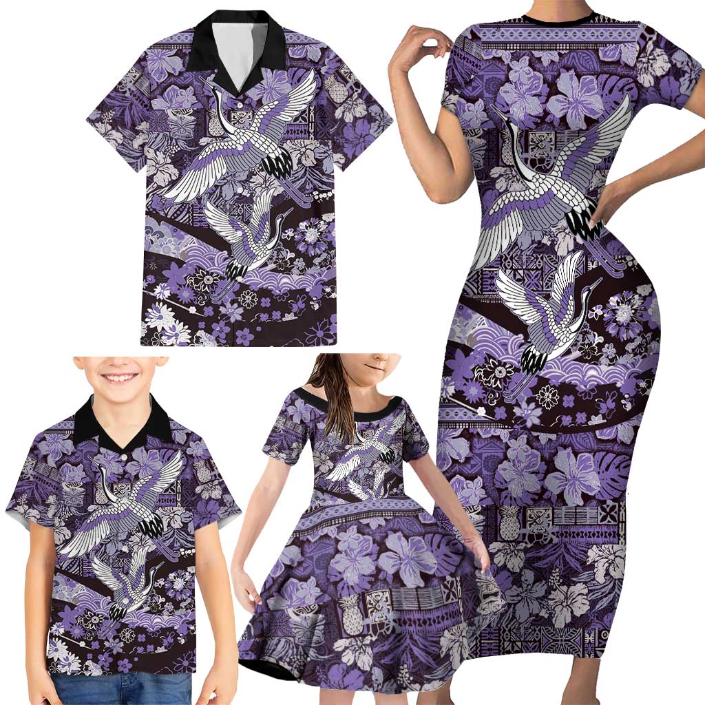 Japanese Hawaiian Crane Family Matching Short Sleeve Bodycon Dress and Hawaiian Shirt Purple Tapa Patchwork Pattern LT9 - Polynesian Pride