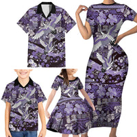 Japanese Hawaiian Crane Family Matching Short Sleeve Bodycon Dress and Hawaiian Shirt Purple Tapa Patchwork Pattern LT9 - Polynesian Pride