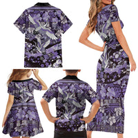 Japanese Hawaiian Crane Family Matching Short Sleeve Bodycon Dress and Hawaiian Shirt Purple Tapa Patchwork Pattern LT9 - Polynesian Pride