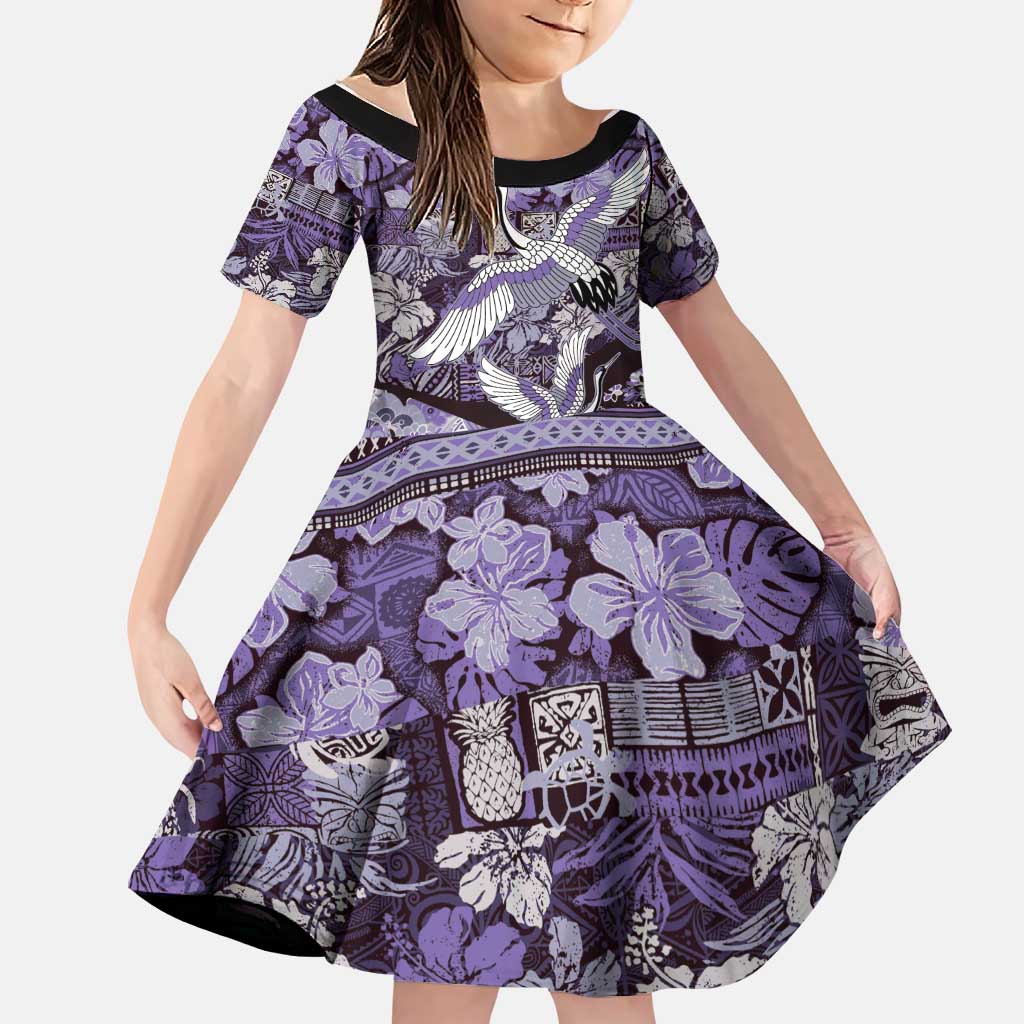 Japanese Hawaiian Crane Family Matching Summer Maxi Dress and Hawaiian Shirt Purple Tapa Patchwork Pattern LT9 Daughter's Dress Purple - Polynesian Pride