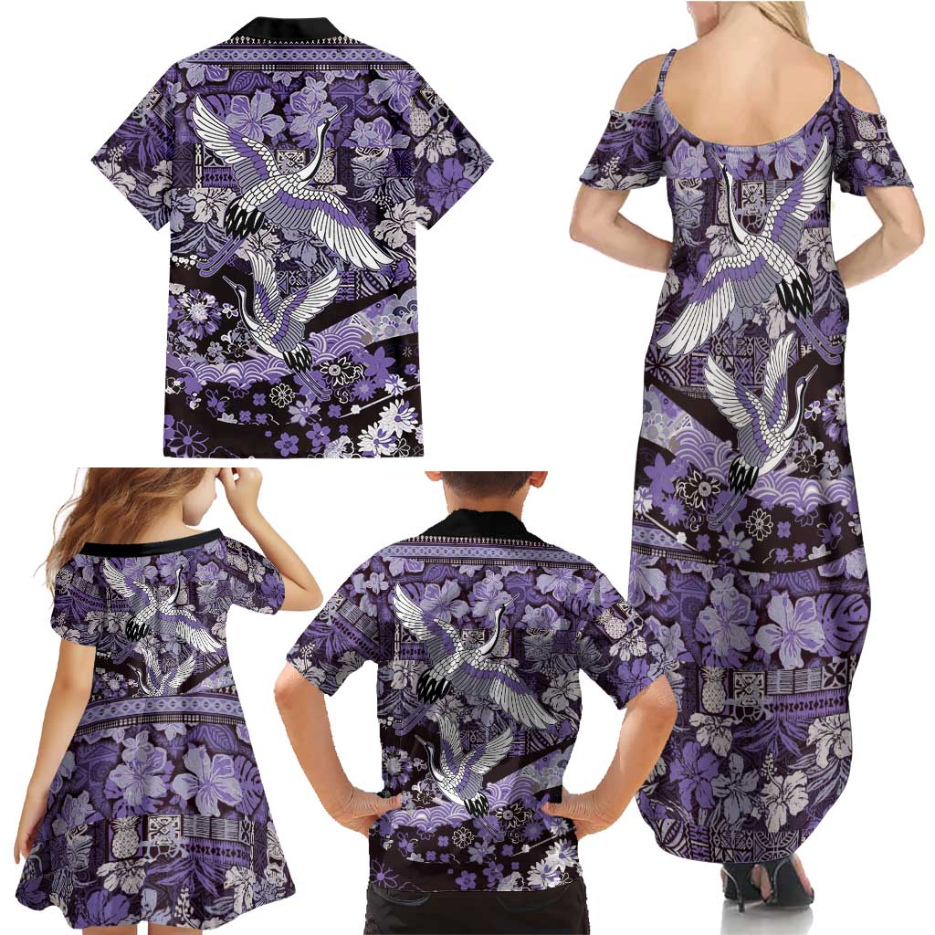 Japanese Hawaiian Crane Family Matching Summer Maxi Dress and Hawaiian Shirt Purple Tapa Patchwork Pattern LT9 - Polynesian Pride
