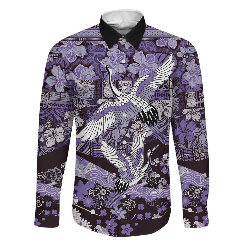 Japanese Hawaiian Crane Family Matching Tank Maxi Dress and Hawaiian Shirt Purple Tapa Patchwork Pattern LT9 Dad's Shirt - Long Sleeve Purple - Polynesian Pride