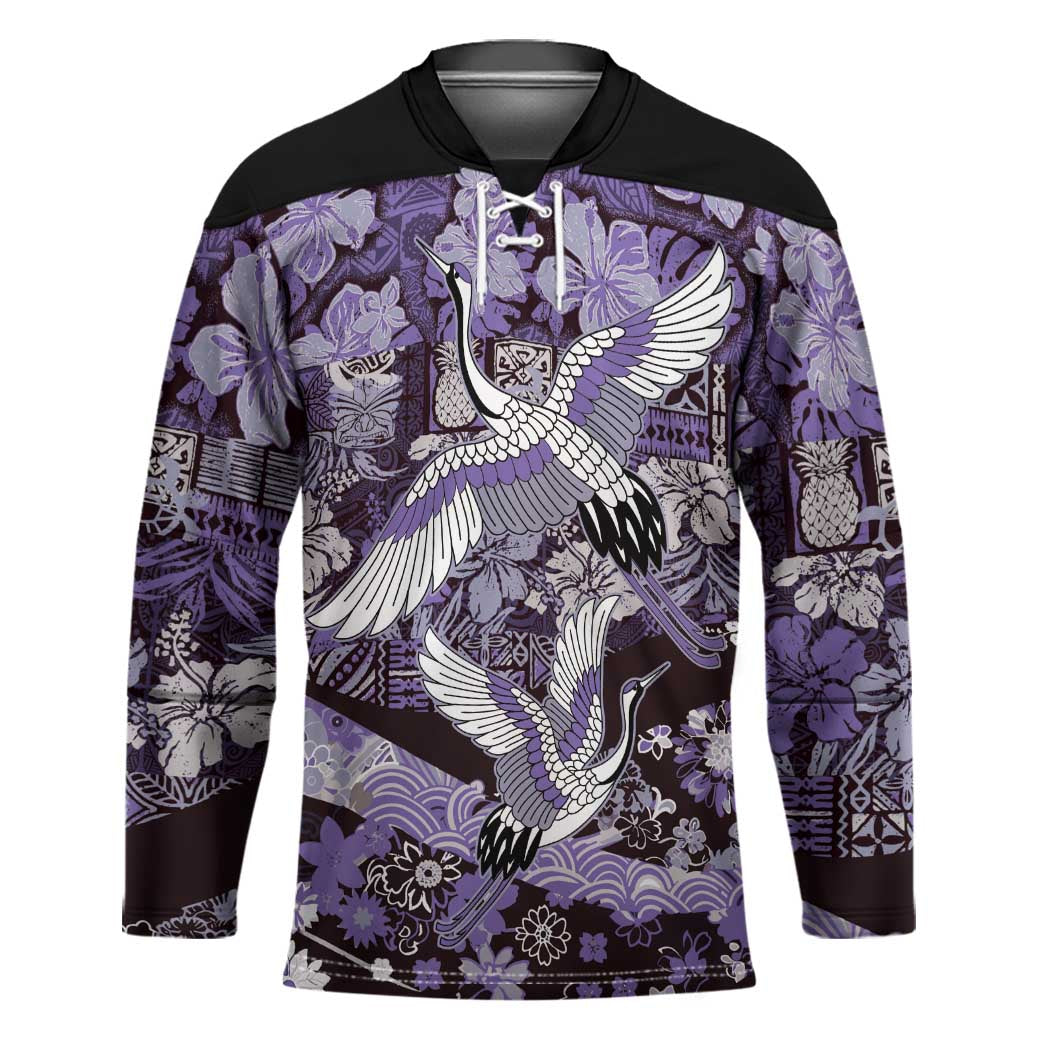 Japanese Hawaiian Crane Hockey Jersey Purple Tapa Patchwork Pattern