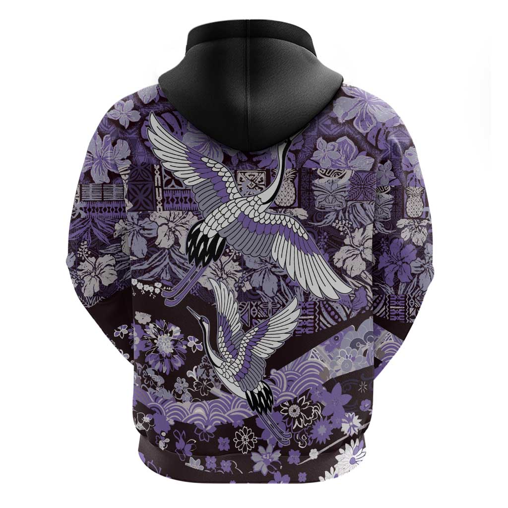Japanese Hawaiian Crane Hoodie Purple Tapa Patchwork Pattern