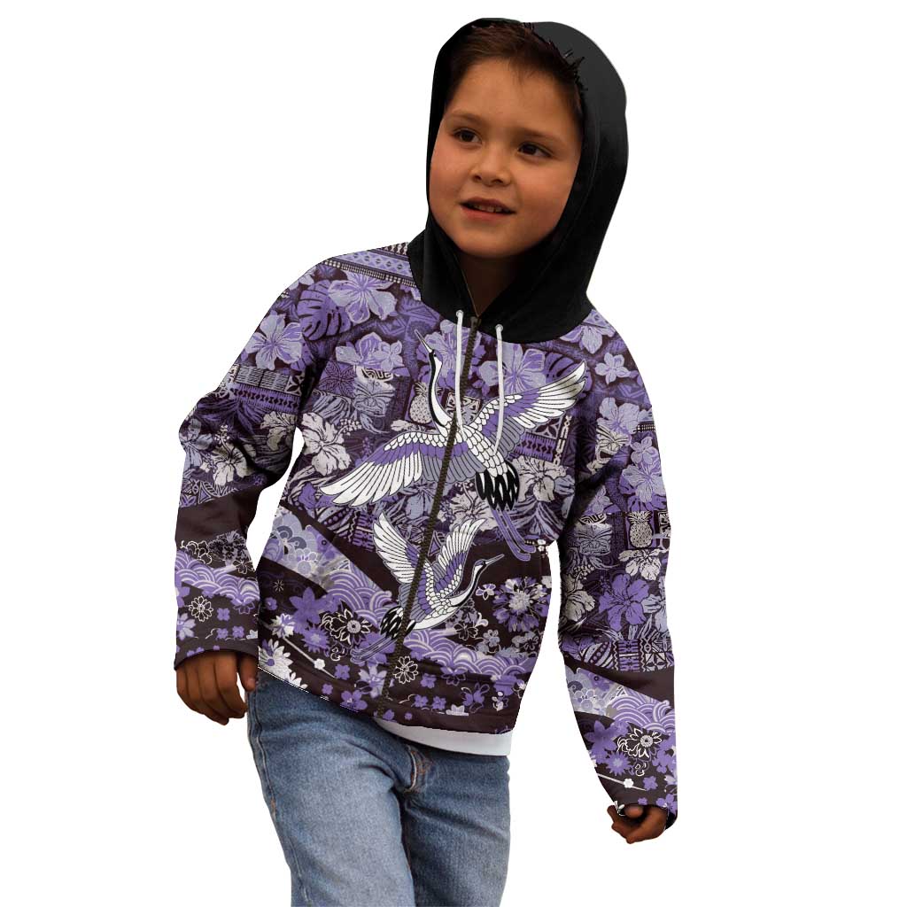 Japanese Hawaiian Crane Kid Hoodie Purple Tapa Patchwork Pattern