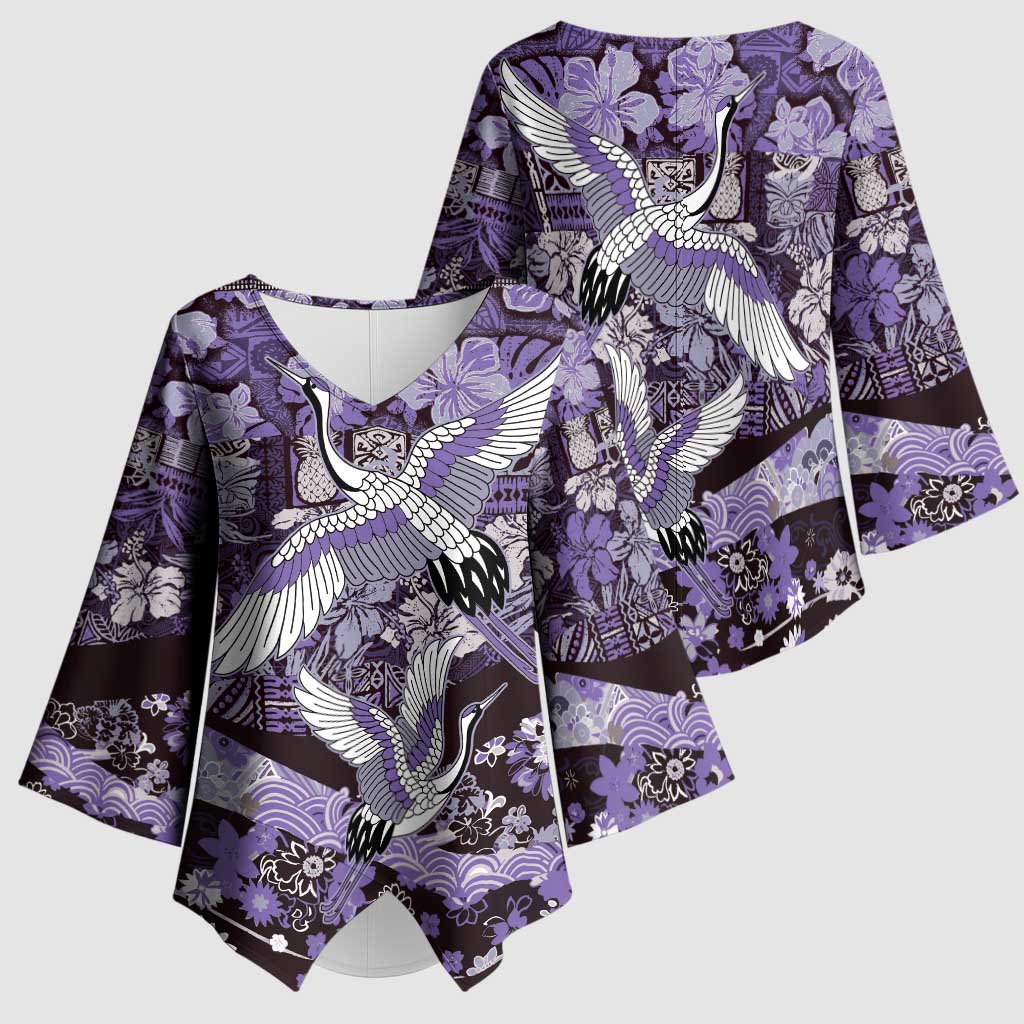 Japanese Hawaiian Crane Kimono Sleeve Blouse Purple Tapa Patchwork Pattern