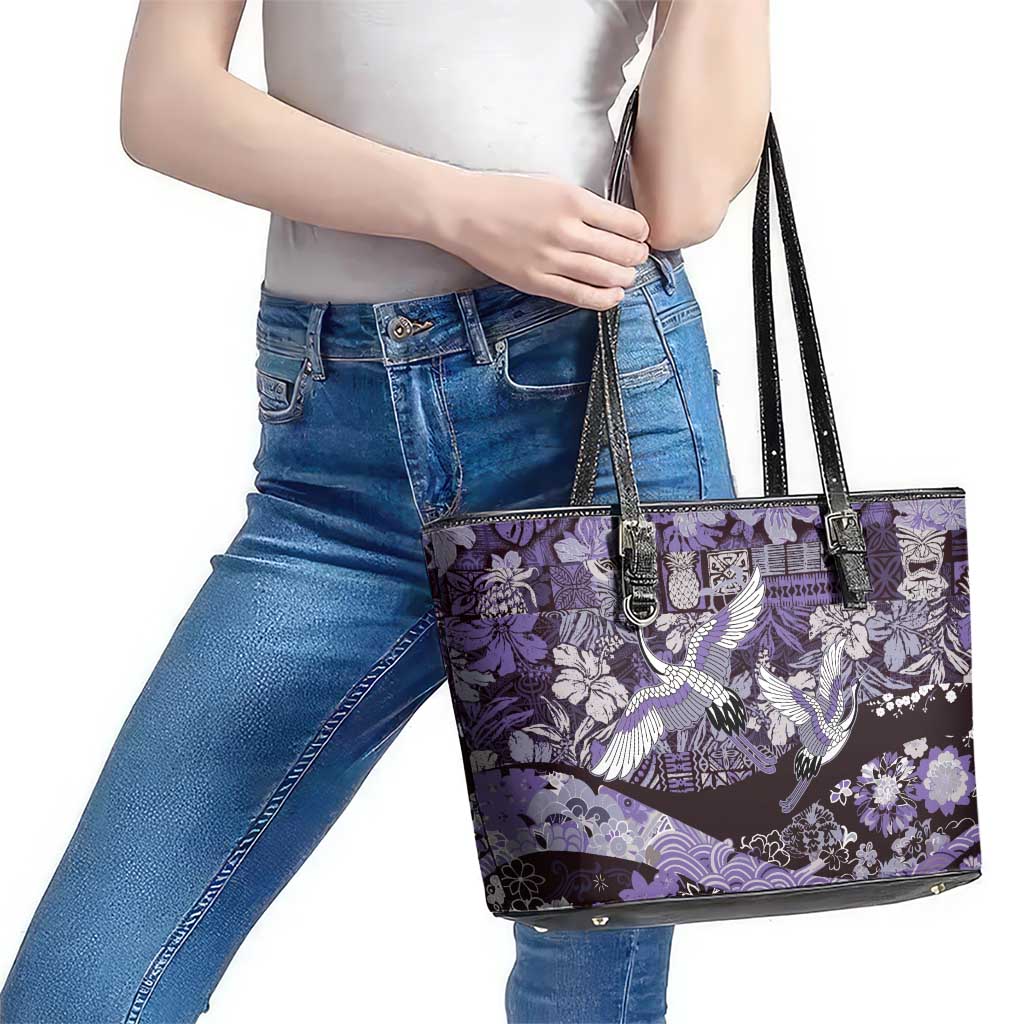 Japanese Hawaiian Crane Leather Tote Bag Purple Tapa Patchwork Pattern