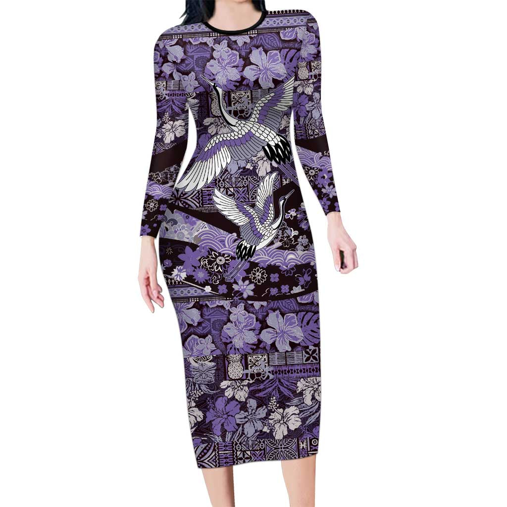 Japanese Hawaiian Crane Long Sleeve Bodycon Dress Purple Tapa Patchwork Pattern