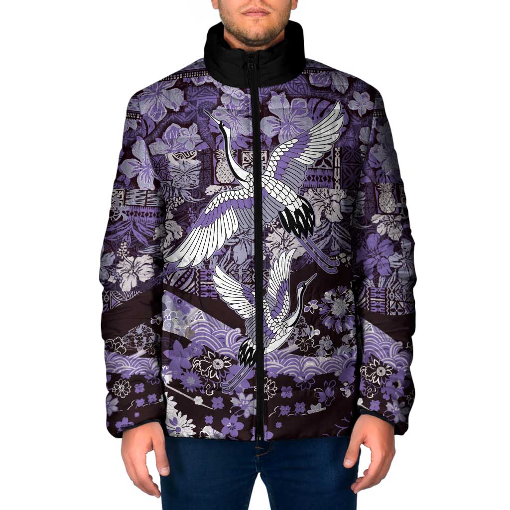 Japanese Hawaiian Crane Padded Jacket Purple Tapa Patchwork Pattern