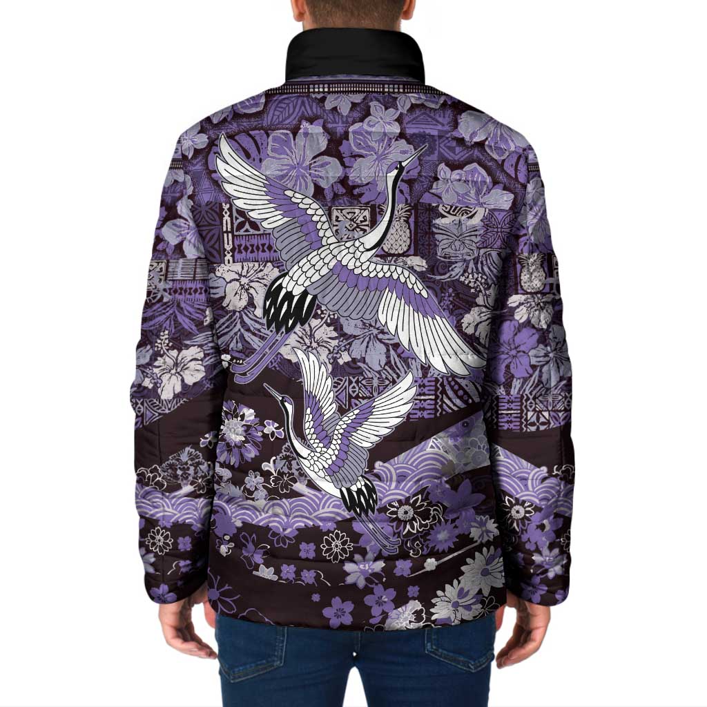 Japanese Hawaiian Crane Padded Jacket Purple Tapa Patchwork Pattern