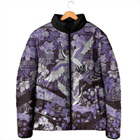 Japanese Hawaiian Crane Padded Jacket Purple Tapa Patchwork Pattern