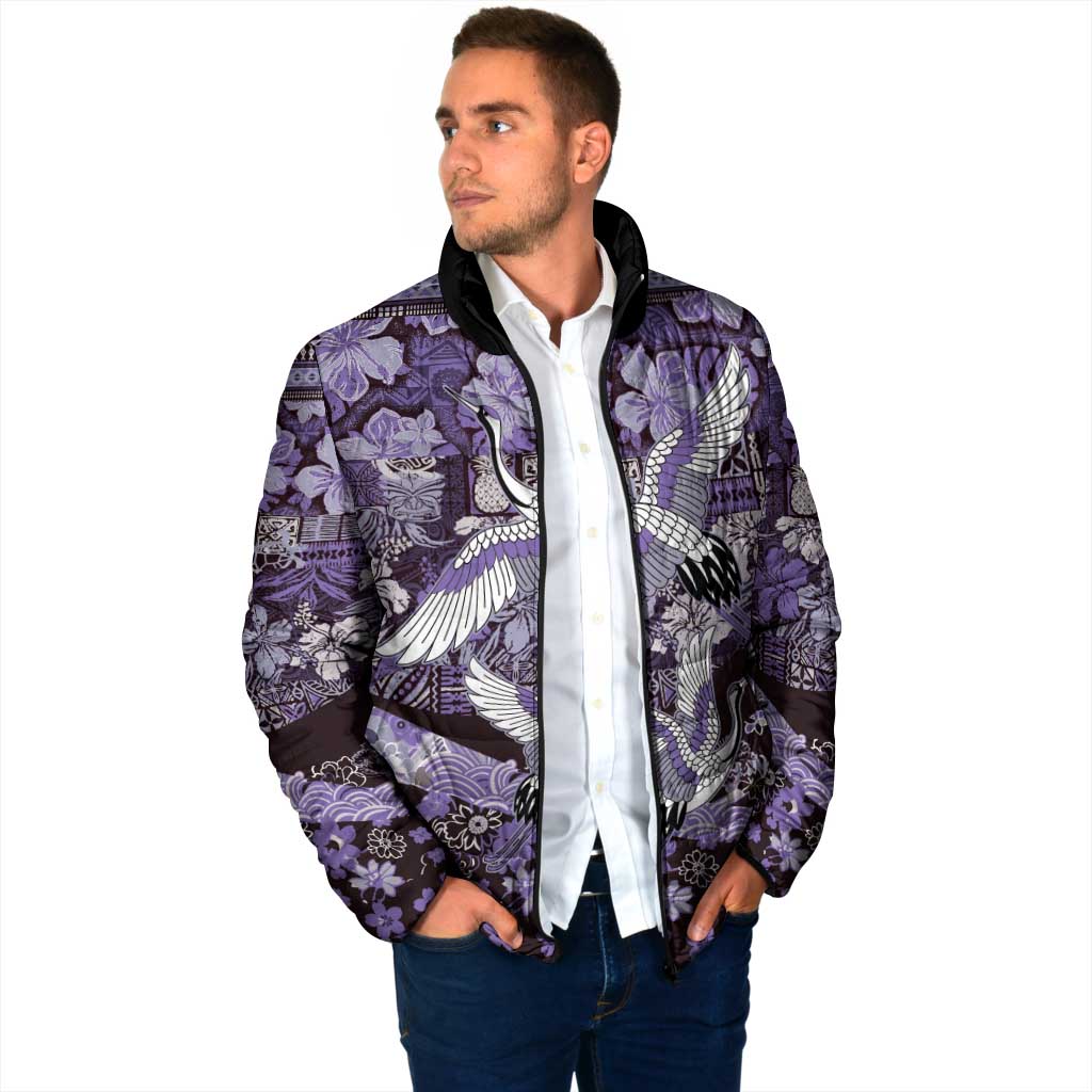 Japanese Hawaiian Crane Padded Jacket Purple Tapa Patchwork Pattern
