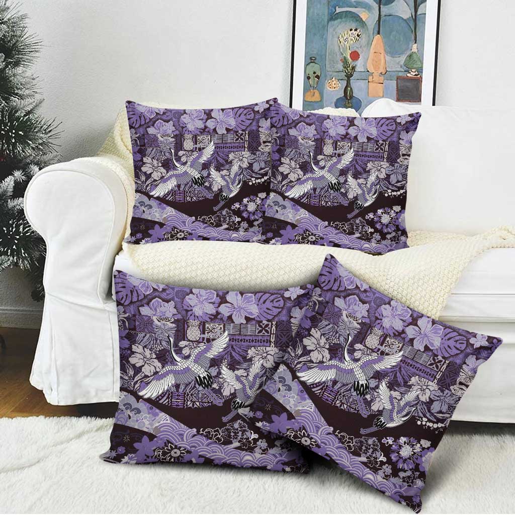 Japanese Hawaiian Crane Pillow Cover Purple Tapa Patchwork Pattern