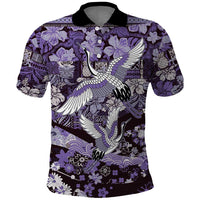 Japanese Hawaiian Crane Polo Shirt Purple Tapa Patchwork Pattern
