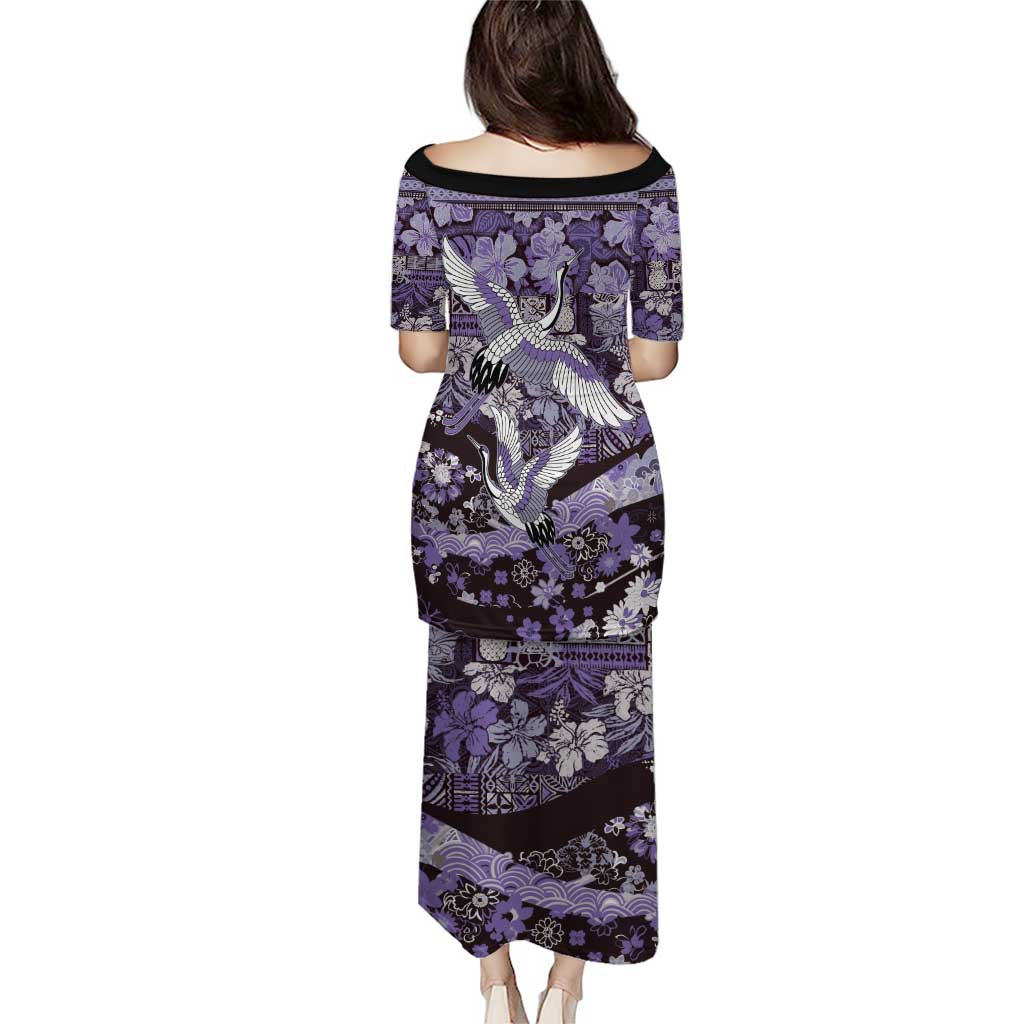 Japanese Hawaiian Crane Puletasi Purple Tapa Patchwork Pattern