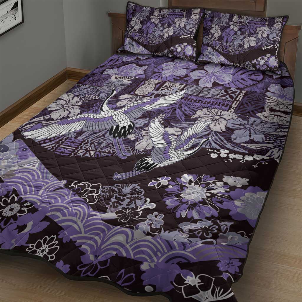 Japanese Hawaiian Crane Quilt Bed Set Purple Tapa Patchwork Pattern