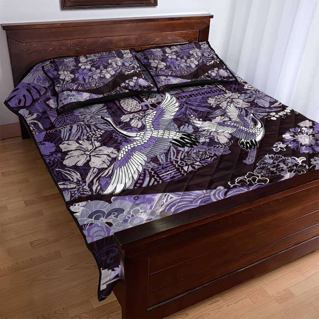 Japanese Hawaiian Crane Quilt Bed Set Purple Tapa Patchwork Pattern