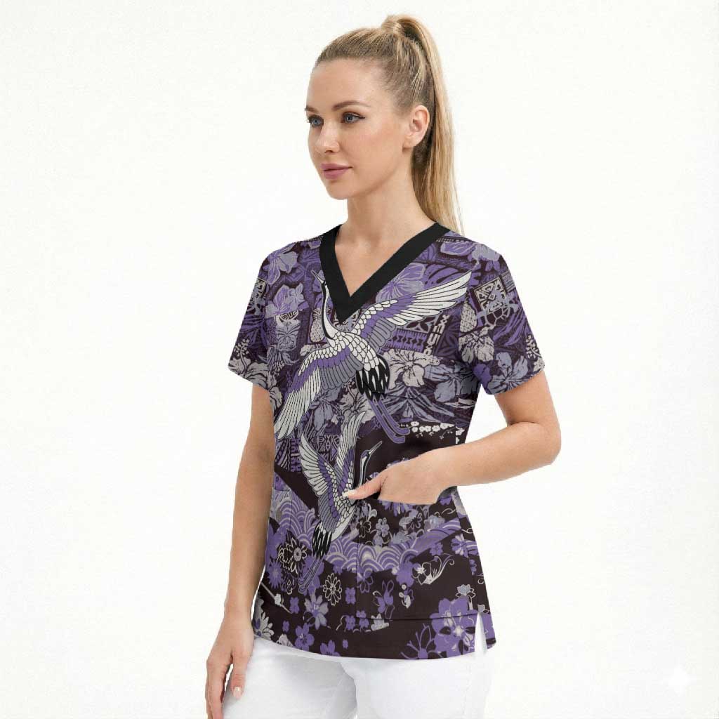 Japanese Hawaiian Crane Scrub Top Purple Tapa Patchwork Pattern