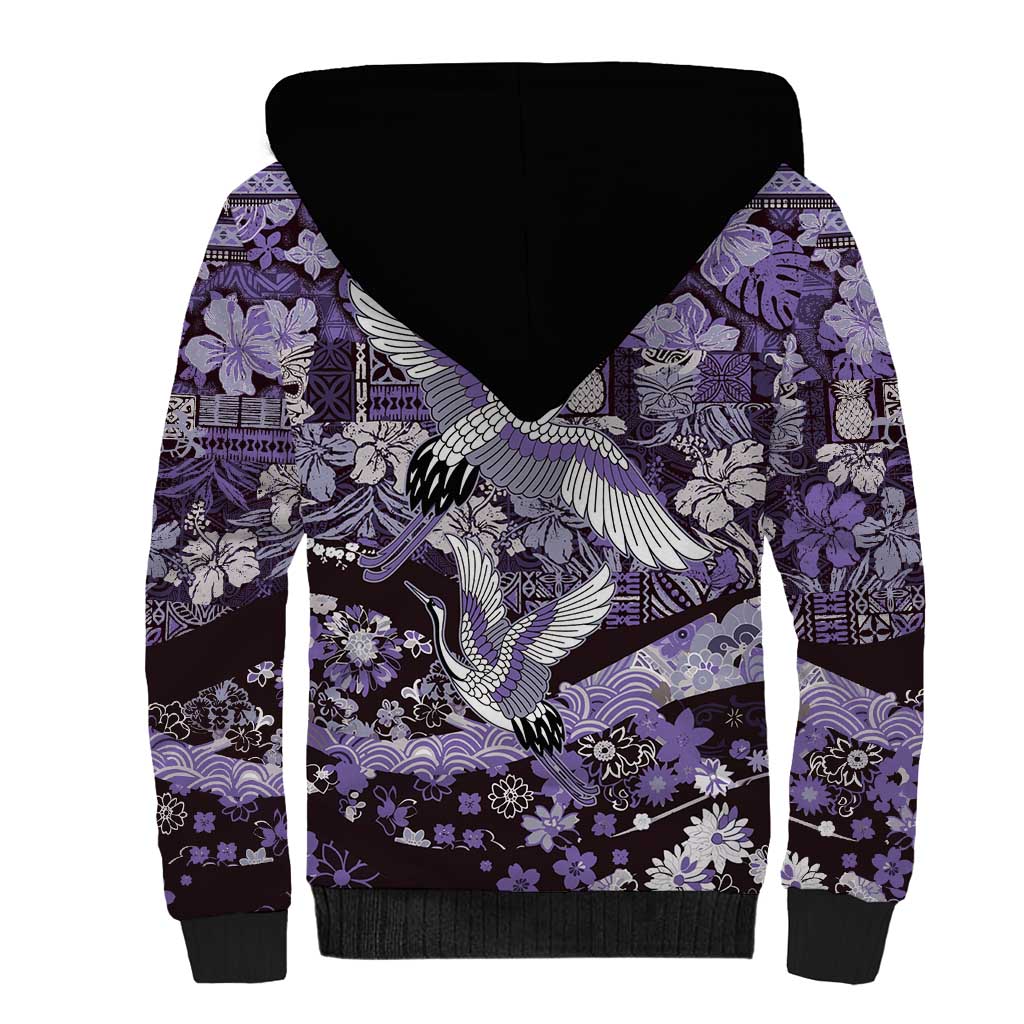 Japanese Hawaiian Crane Sherpa Hoodie Purple Tapa Patchwork Pattern