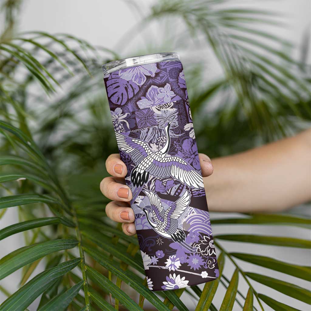 Japanese Hawaiian Crane Skinny Tumbler Purple Tapa Patchwork Pattern