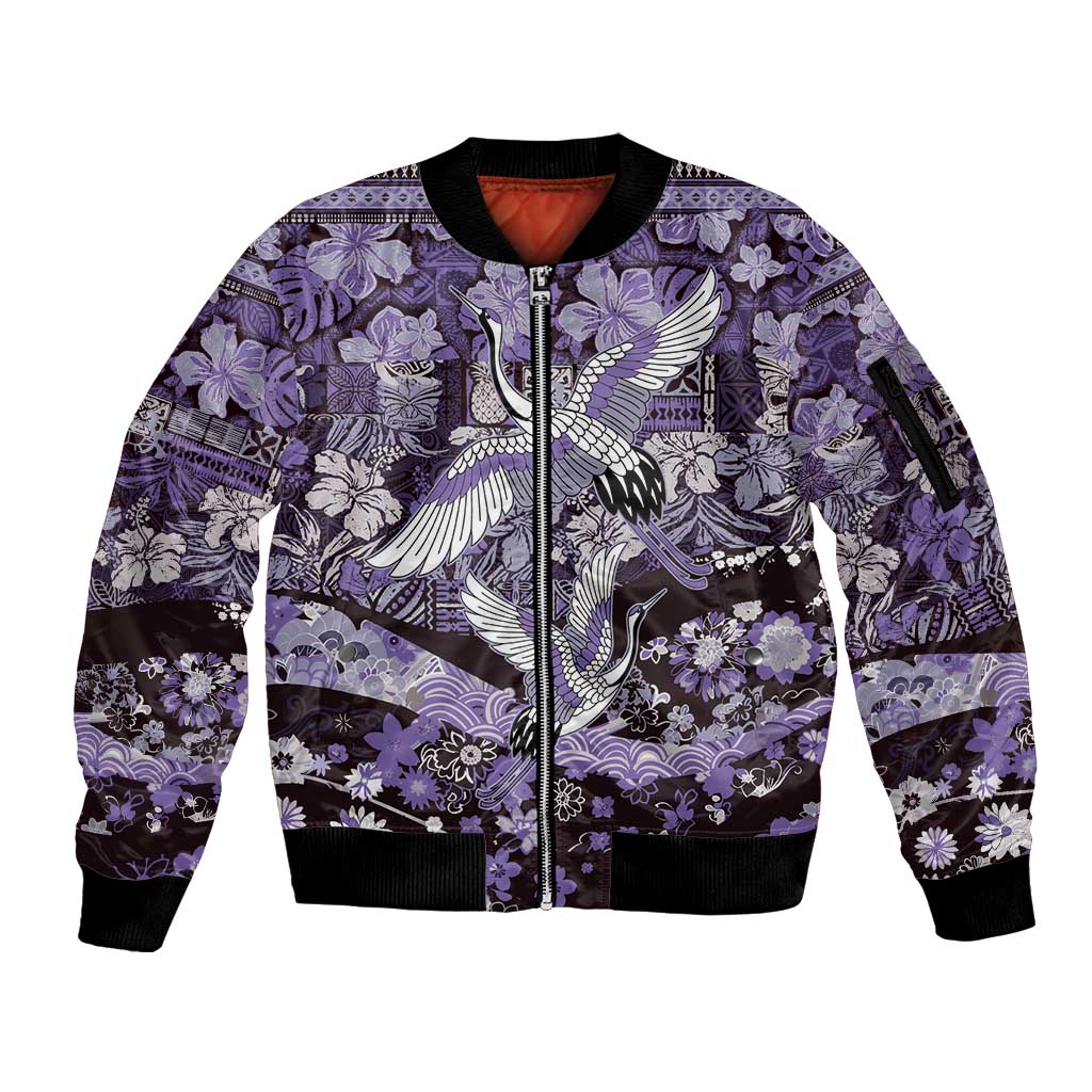 Japanese Hawaiian Crane Sleeve Zip Bomber Jacket Purple Tapa Patchwork Pattern