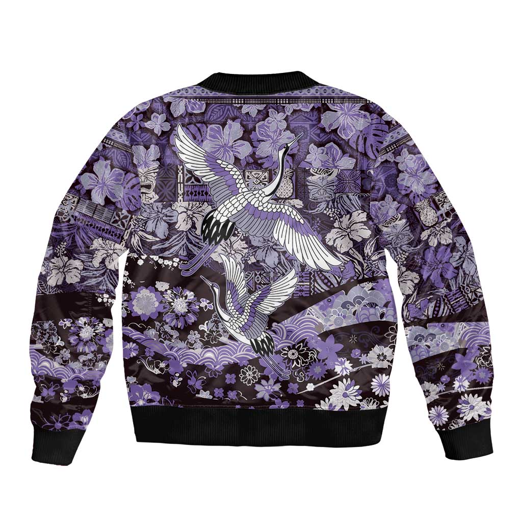 Japanese Hawaiian Crane Sleeve Zip Bomber Jacket Purple Tapa Patchwork Pattern