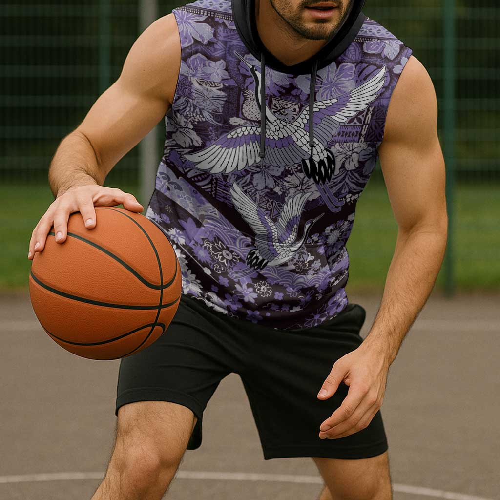 Japanese Hawaiian Crane Sleeveless Hoodie Purple Tapa Patchwork Pattern