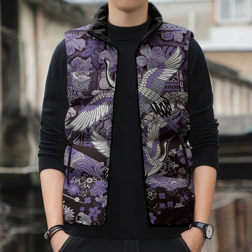 Japanese Hawaiian Crane Sleeveless Puffer Jacket Purple Tapa Patchwork Pattern
