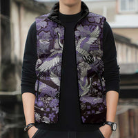 Japanese Hawaiian Crane Sleeveless Puffer Jacket Purple Tapa Patchwork Pattern