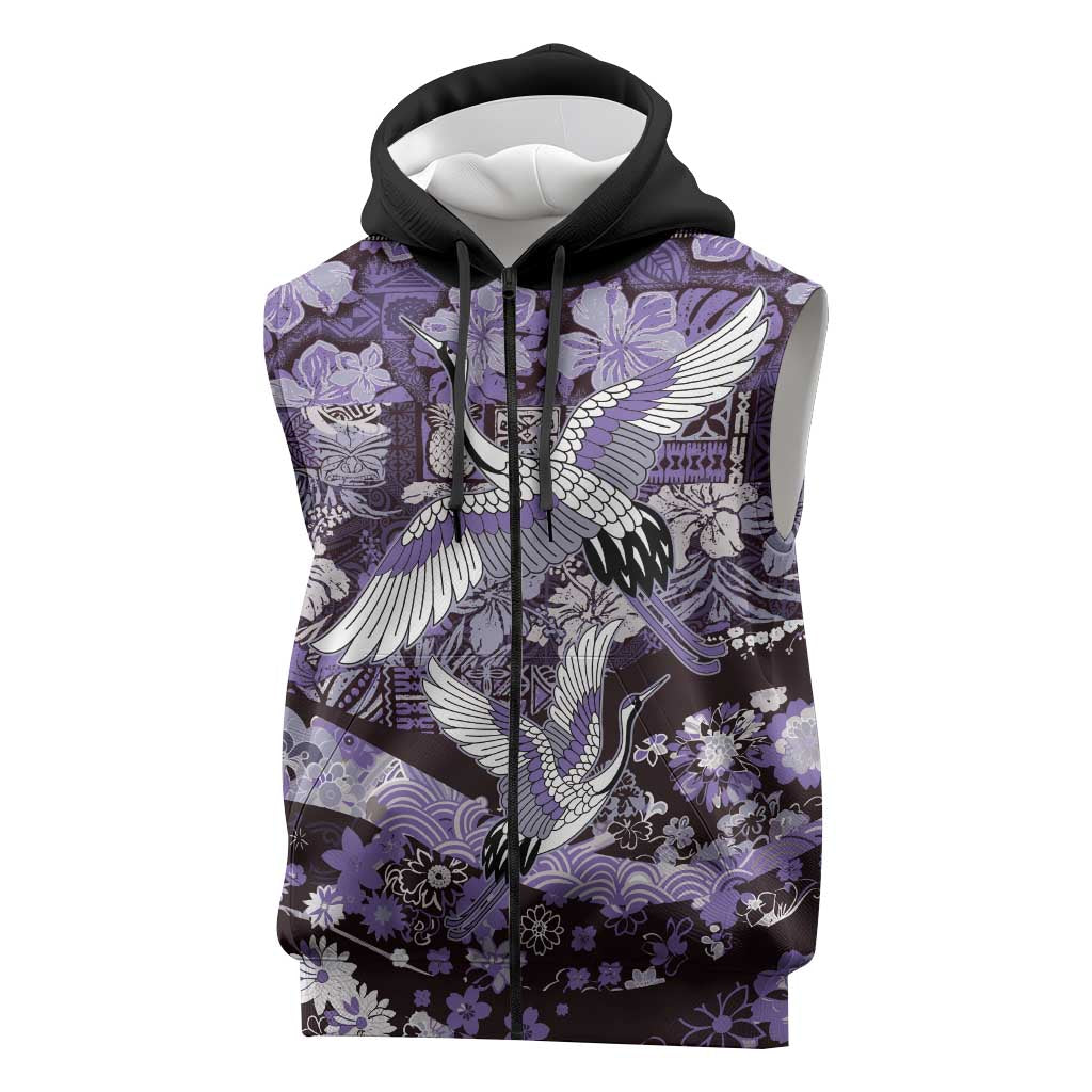 Japanese Hawaiian Crane Sleeveless Zip Hoodie Purple Tapa Patchwork Pattern LT9 Purple - Polynesian Pride