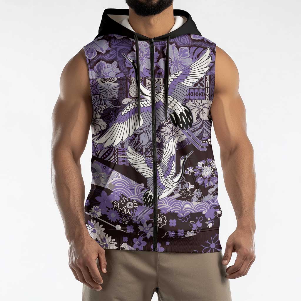 Japanese Hawaiian Crane Sleeveless Zip Hoodie Purple Tapa Patchwork Pattern LT9 - Polynesian Pride