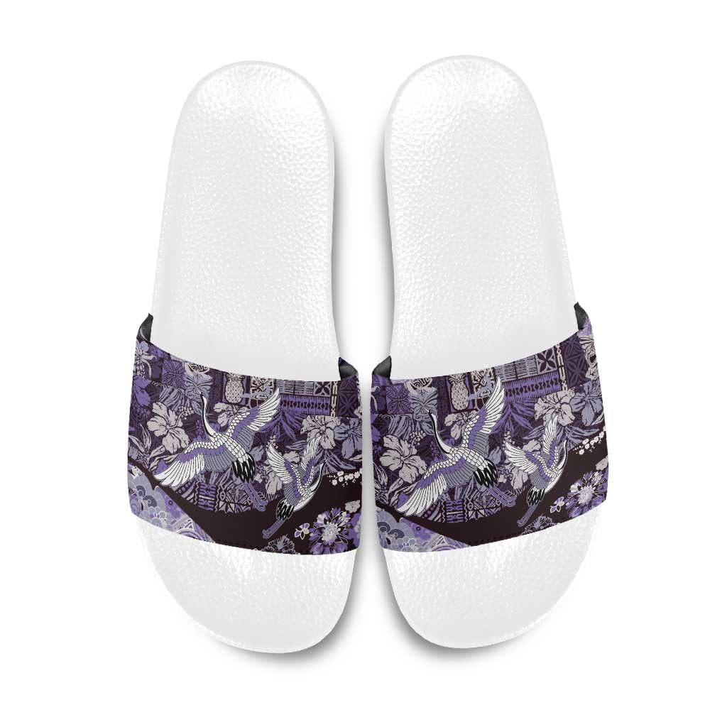 Japanese Hawaiian Crane Slide Sandals Purple Tapa Patchwork Pattern
