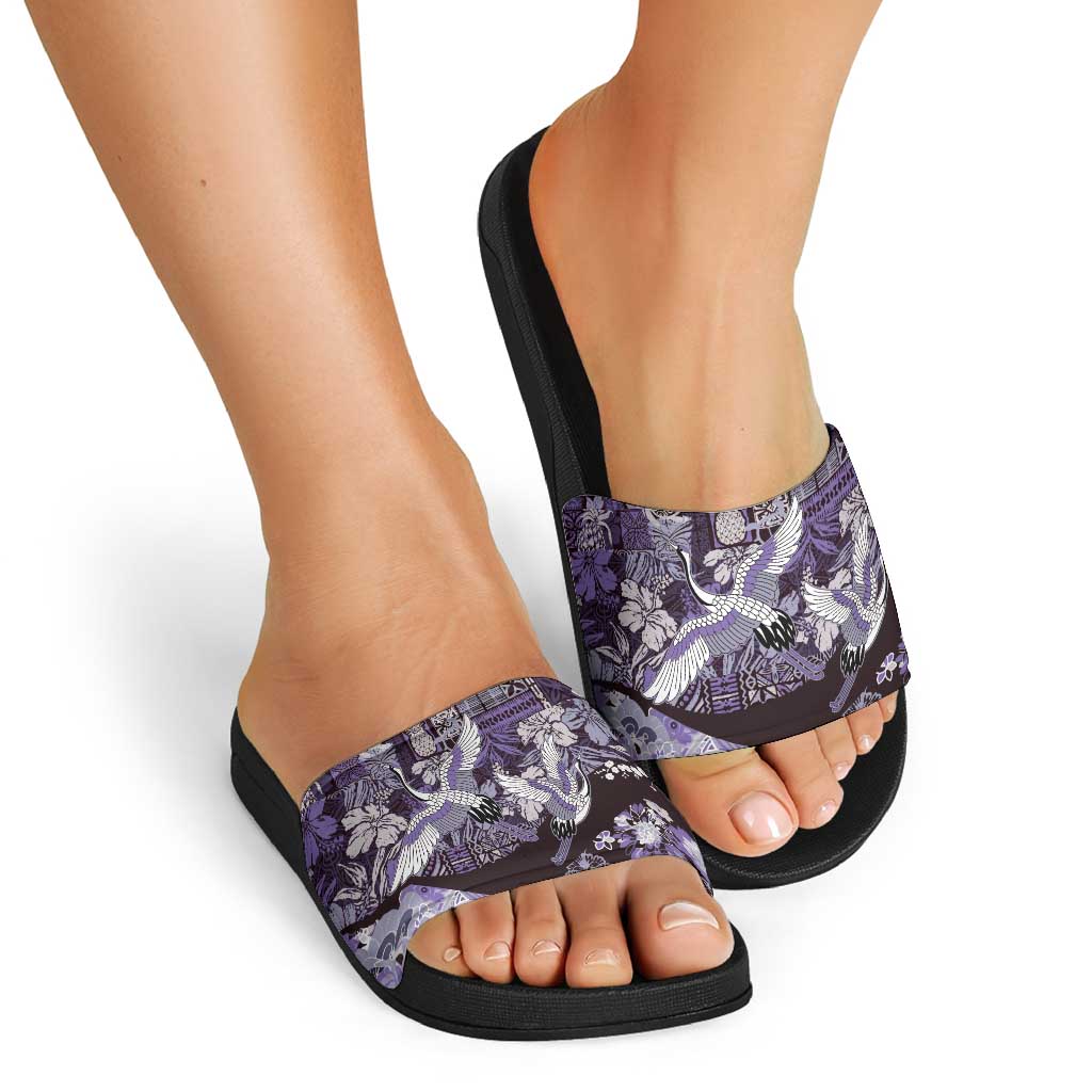 Japanese Hawaiian Crane Slide Sandals Purple Tapa Patchwork Pattern