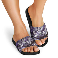 Japanese Hawaiian Crane Slide Sandals Purple Tapa Patchwork Pattern