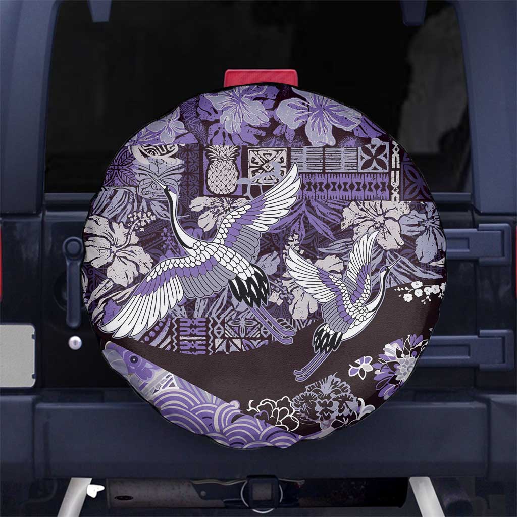Japanese Hawaiian Crane Spare Tire Cover Purple Tapa Patchwork Pattern