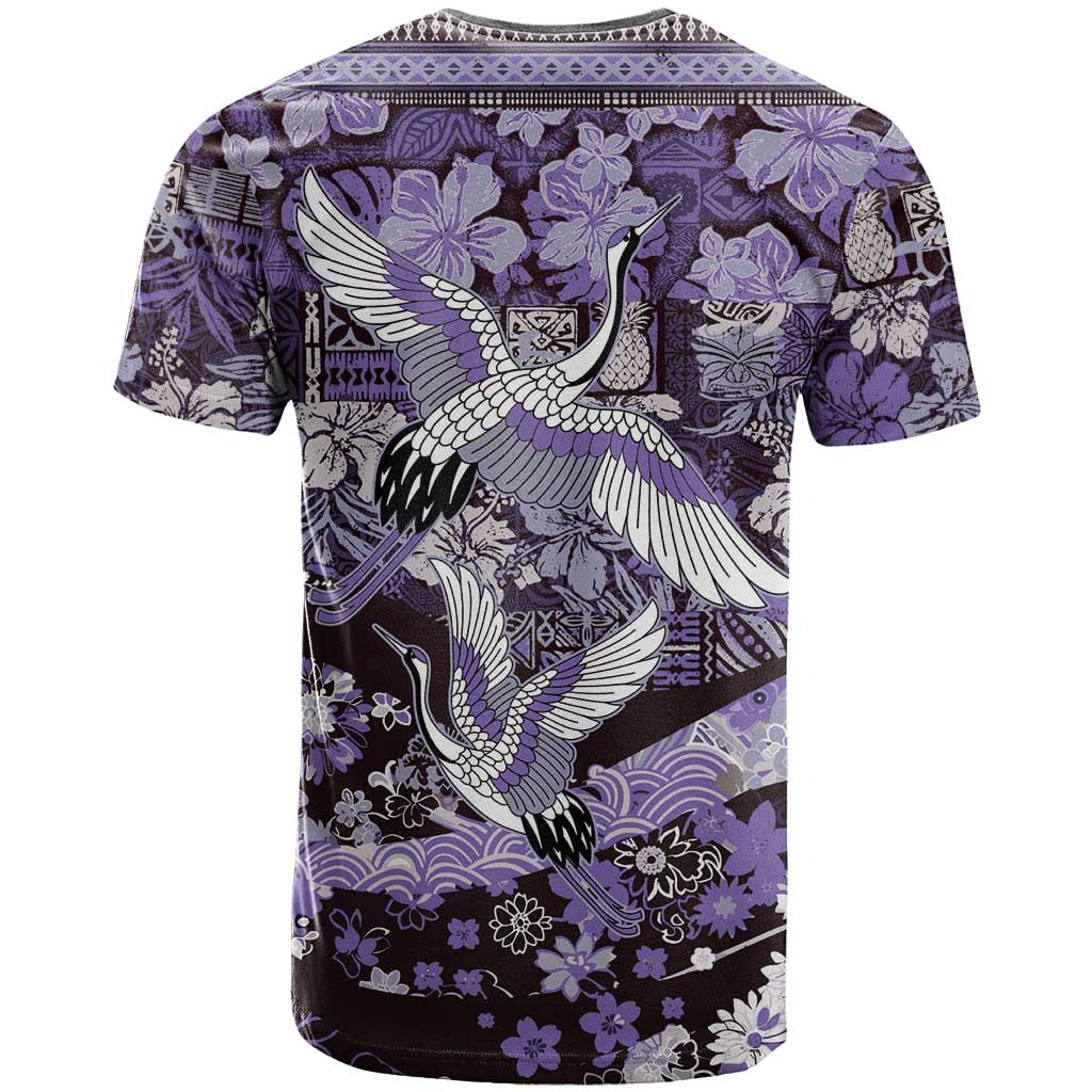 Japanese Hawaiian Crane T Shirt Purple Tapa Patchwork Pattern