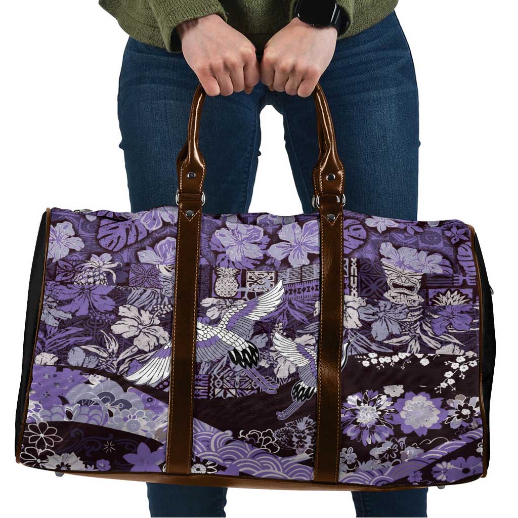 Japanese Hawaiian Crane Travel Bag Purple Tapa Patchwork Pattern