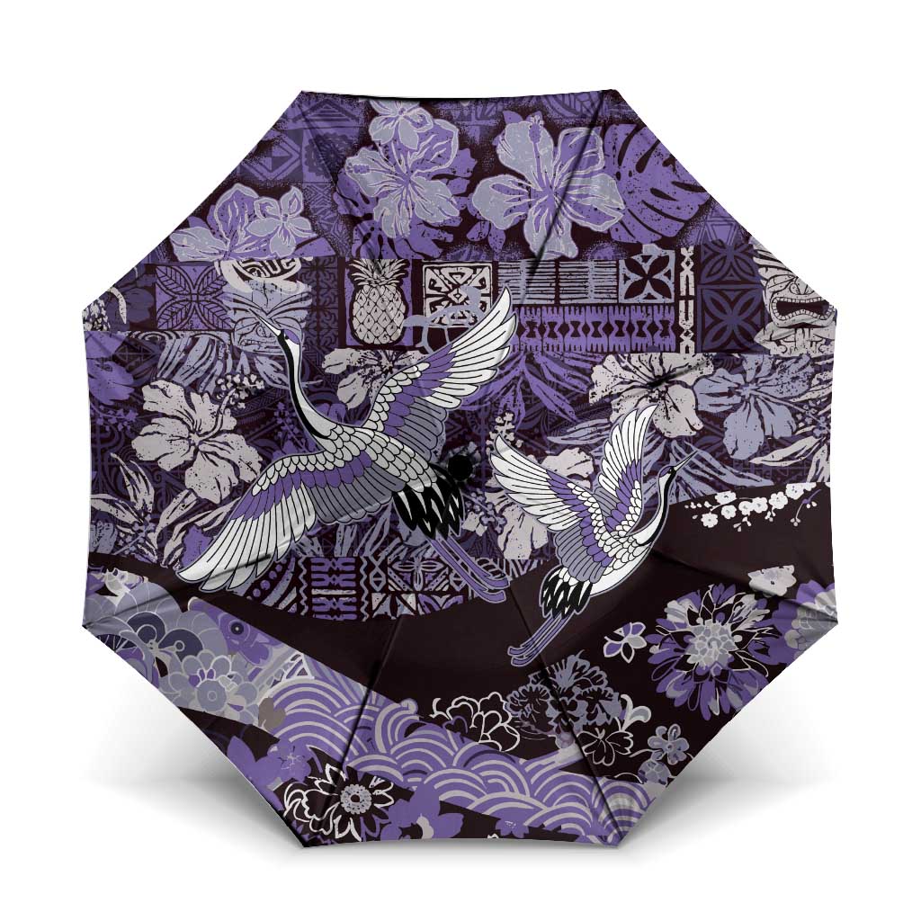 Japanese Hawaiian Crane Umbrella Purple Tapa Patchwork Pattern