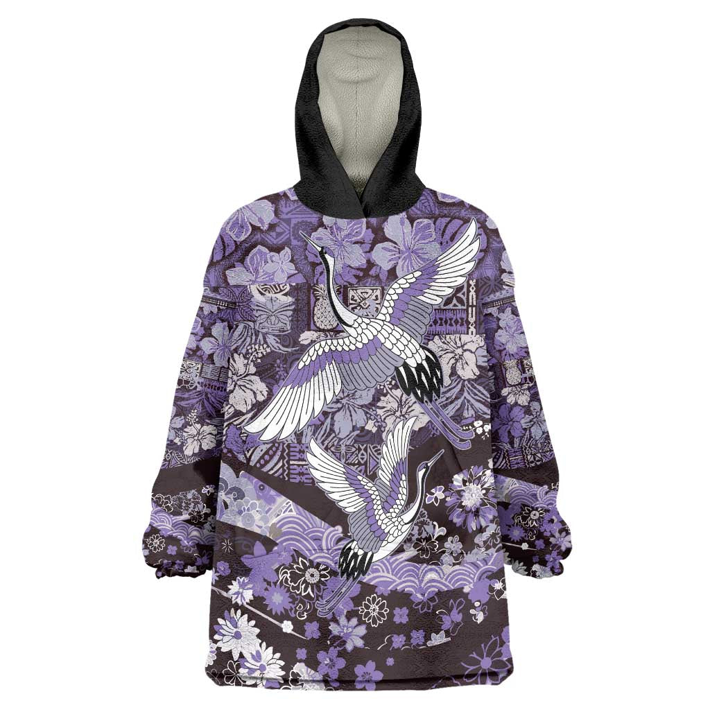 Japanese Hawaiian Crane Wearable Blanket Hoodie Purple Tapa Patchwork Pattern LT9 One Size Purple - Polynesian Pride
