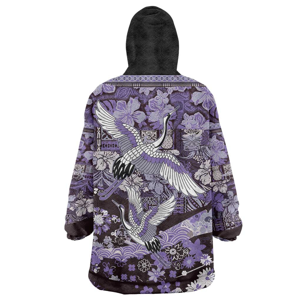 Japanese Hawaiian Crane Wearable Blanket Hoodie Purple Tapa Patchwork Pattern LT9 - Polynesian Pride