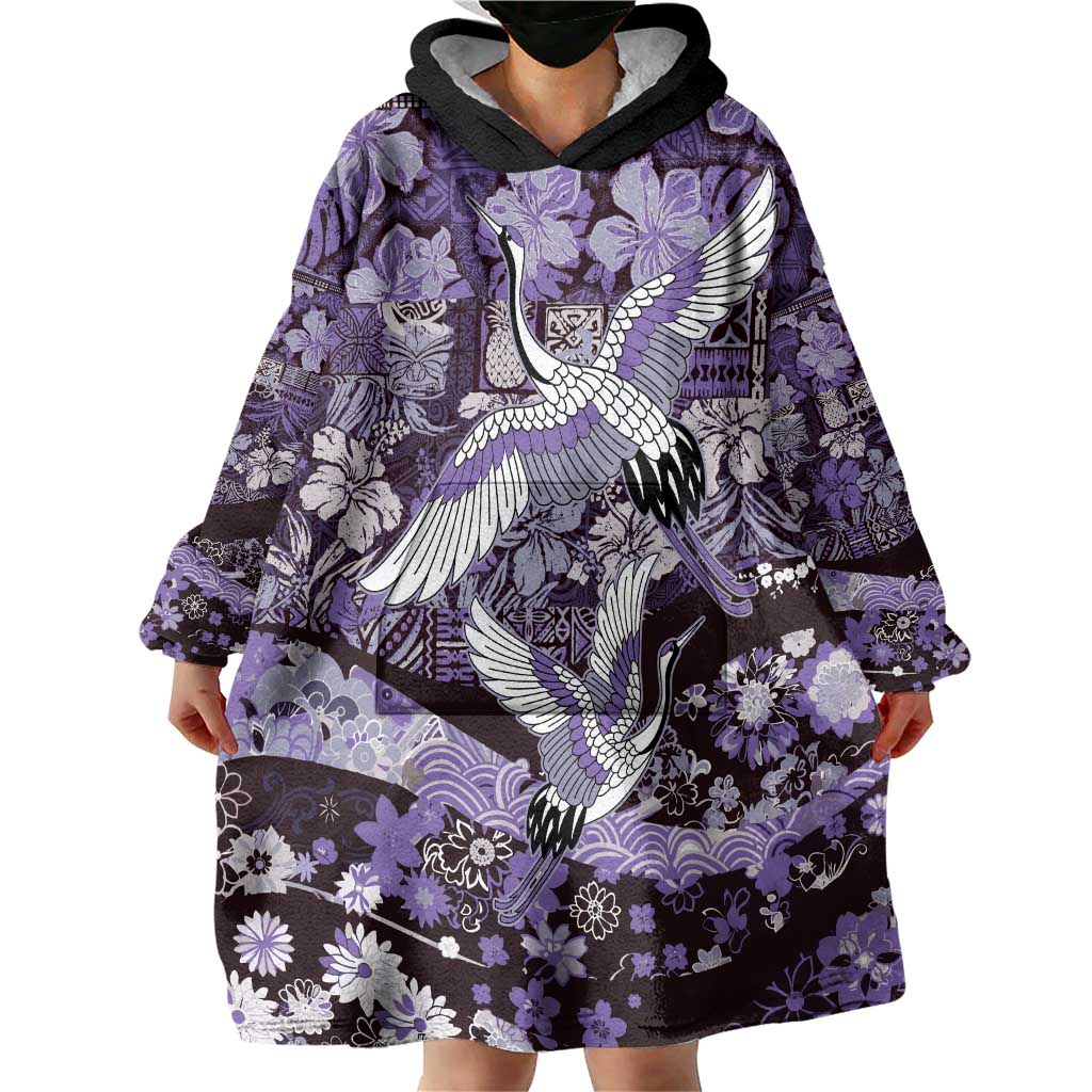 Japanese Hawaiian Crane Wearable Blanket Hoodie Purple Tapa Patchwork Pattern LT9 - Polynesian Pride